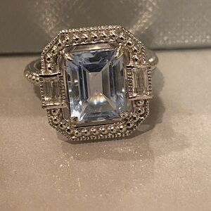 Emerald Cut Aquamarine with Diamond Halo .925 Sterling Silver Ring
